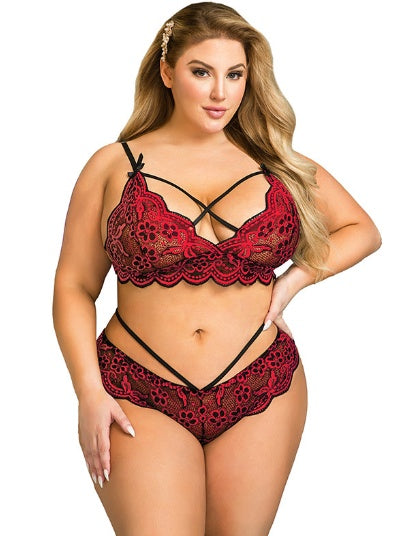 Burgundy lace bra and panty set with crossed neckline