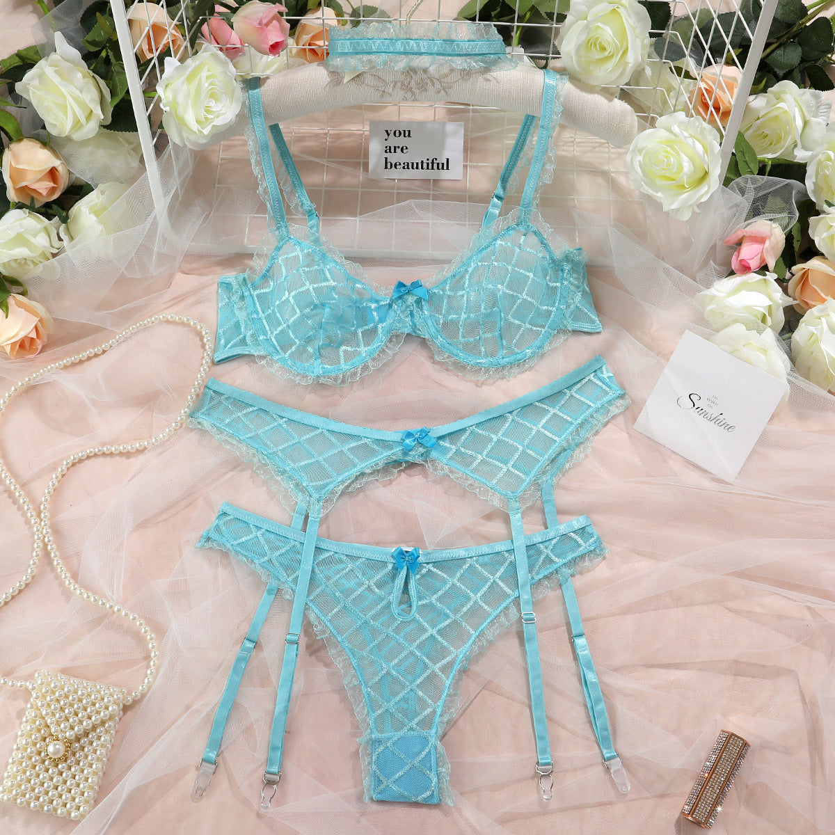 Lingerie Large Grid Sexy Gather Belt Bib Embroidery Hollowed Out Suit Women