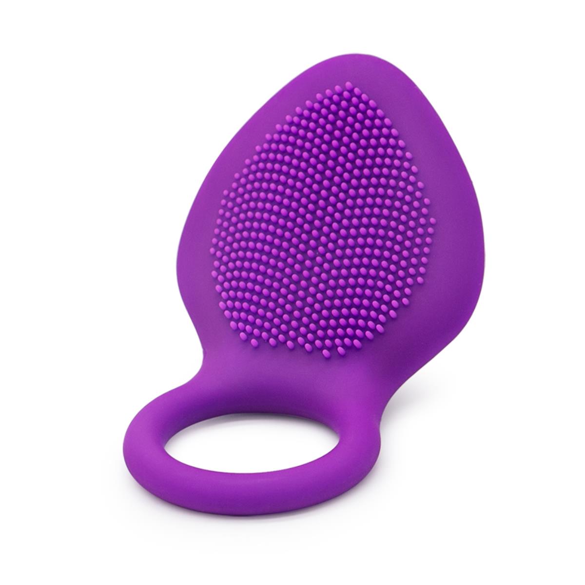 Angled view of a purple vibrating ring showing its textured pad and ring opening