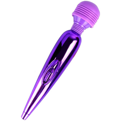 Angled view of metallic purple wand massager