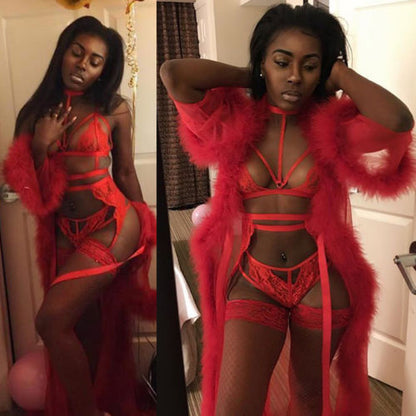 Red sheer robe with fluffy trim and lingerie