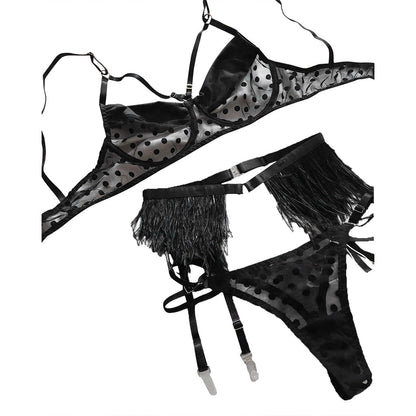 Black dotted-mesh lingerie set displayed flat