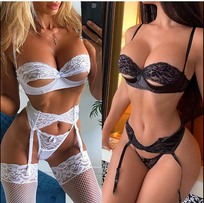 White and black lace garter lingerie comparison