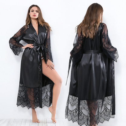 Front and rear views of black lace-trimmed robe