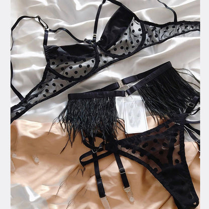 Black dotted-mesh lingerie with fringe details