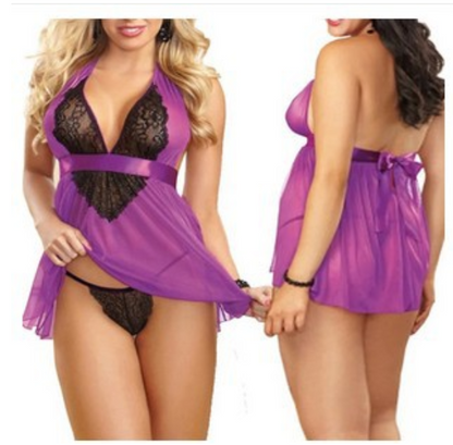 Purple halter babydoll front and rear comparison