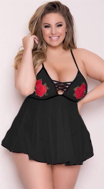 Black babydoll with red floral embroidery
