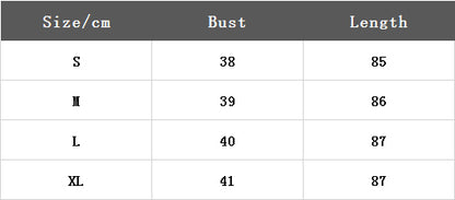 Chemise size chart with bust and length measurements
