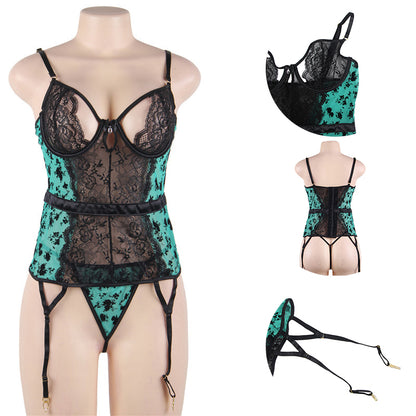 Black and teal garter lingerie with detail insets