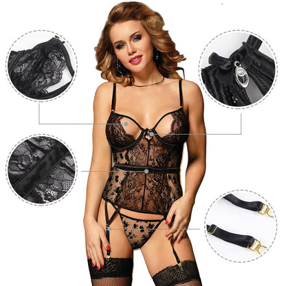Black garter lingerie with lace and strap close-ups