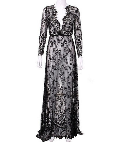 Black full-length floral lace robe