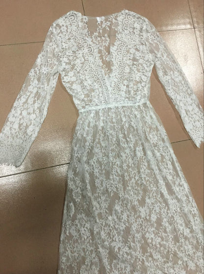 White lace robe with long sleeves and tie waist