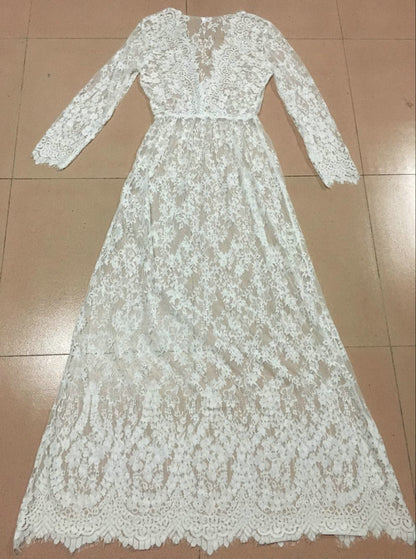 White full-length lace robe displayed flat