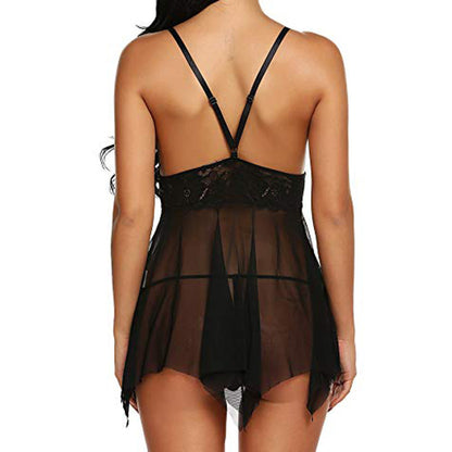 Rear view of black sheer babydoll with crossed straps