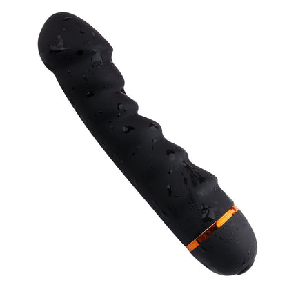 Black curved textured vibrator with a gold-tone accent band and button controls