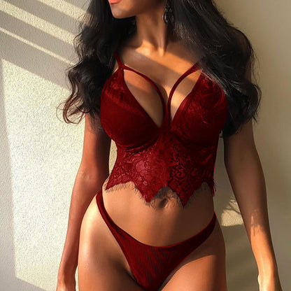Burgundy longline lace lingerie set with neckline straps