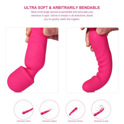 Pink ribbed vibrator bent to show flexibility