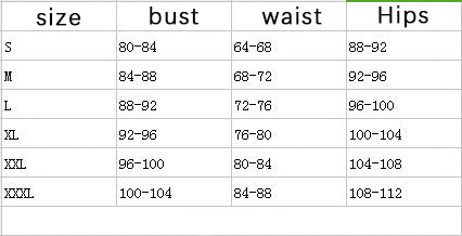 Babydoll size chart with bust, waist and hip measurements