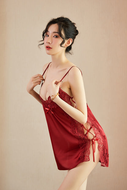 Side view of red lace-trimmed slip