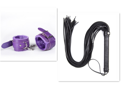 Purple cuffs beside black flogger