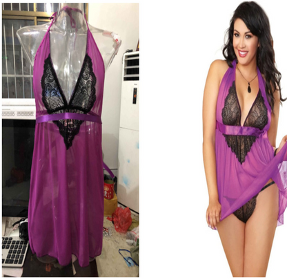 Purple babydoll shown on mannequin and model
