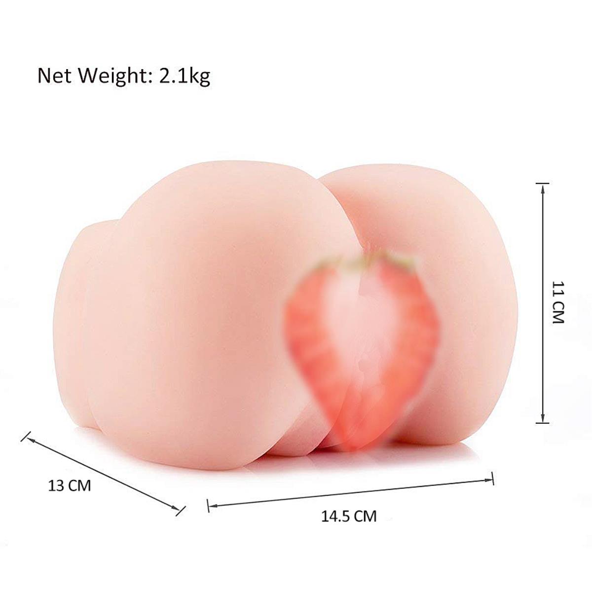 Torso masturbator size diagram showing 14.5 by 13 by 11 cm dimensions and 2.1 kg net weight