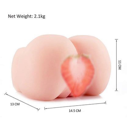 Torso masturbator size diagram showing 14.5 by 13 by 11 cm dimensions and 2.1 kg net weight