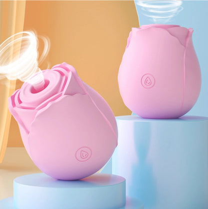 Pink rose-shaped toys on display blocks