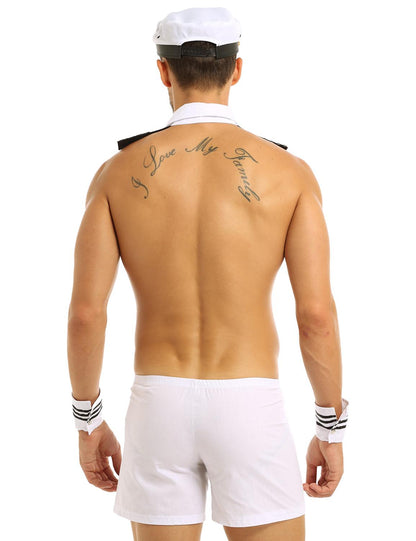 Rear view of men's white sailor costume shorts