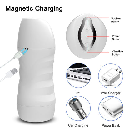White masturbator cup with magnetic charging diagram