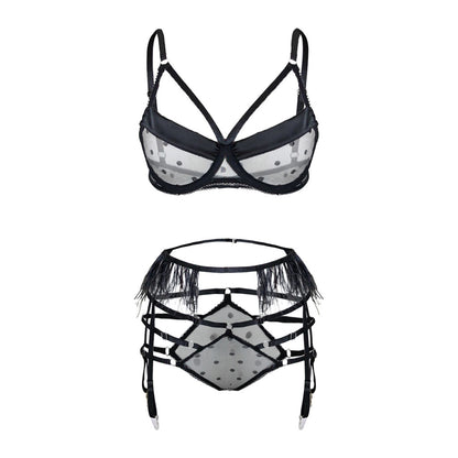 Black mesh bra and strappy panty set displayed flat