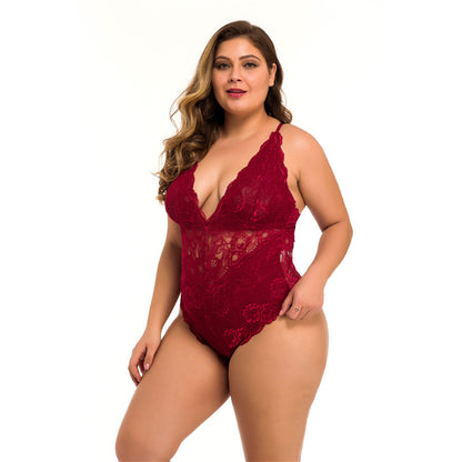 Front view of burgundy lace halter bodysuit