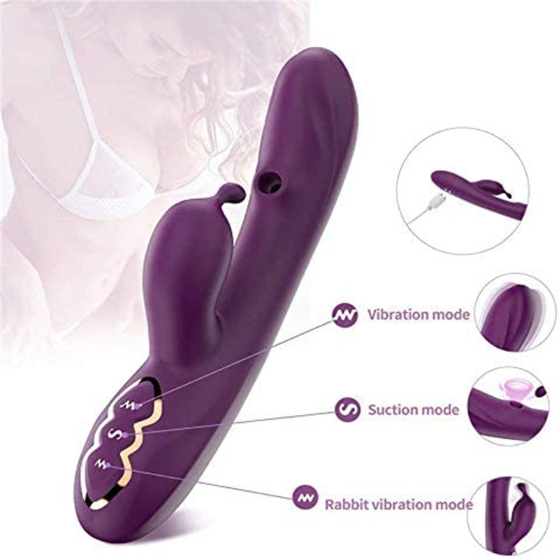 Purple 3-in-1 vibrator diagram identifying vibration, suction and rabbit controls
