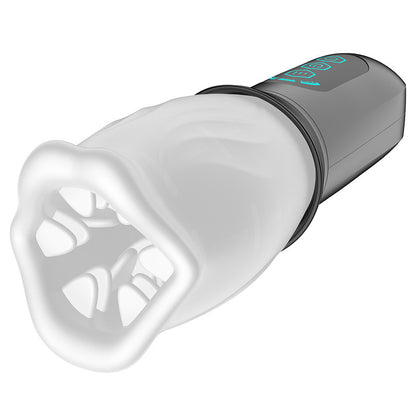 Close-up of transparent sleeve opening on handled massager