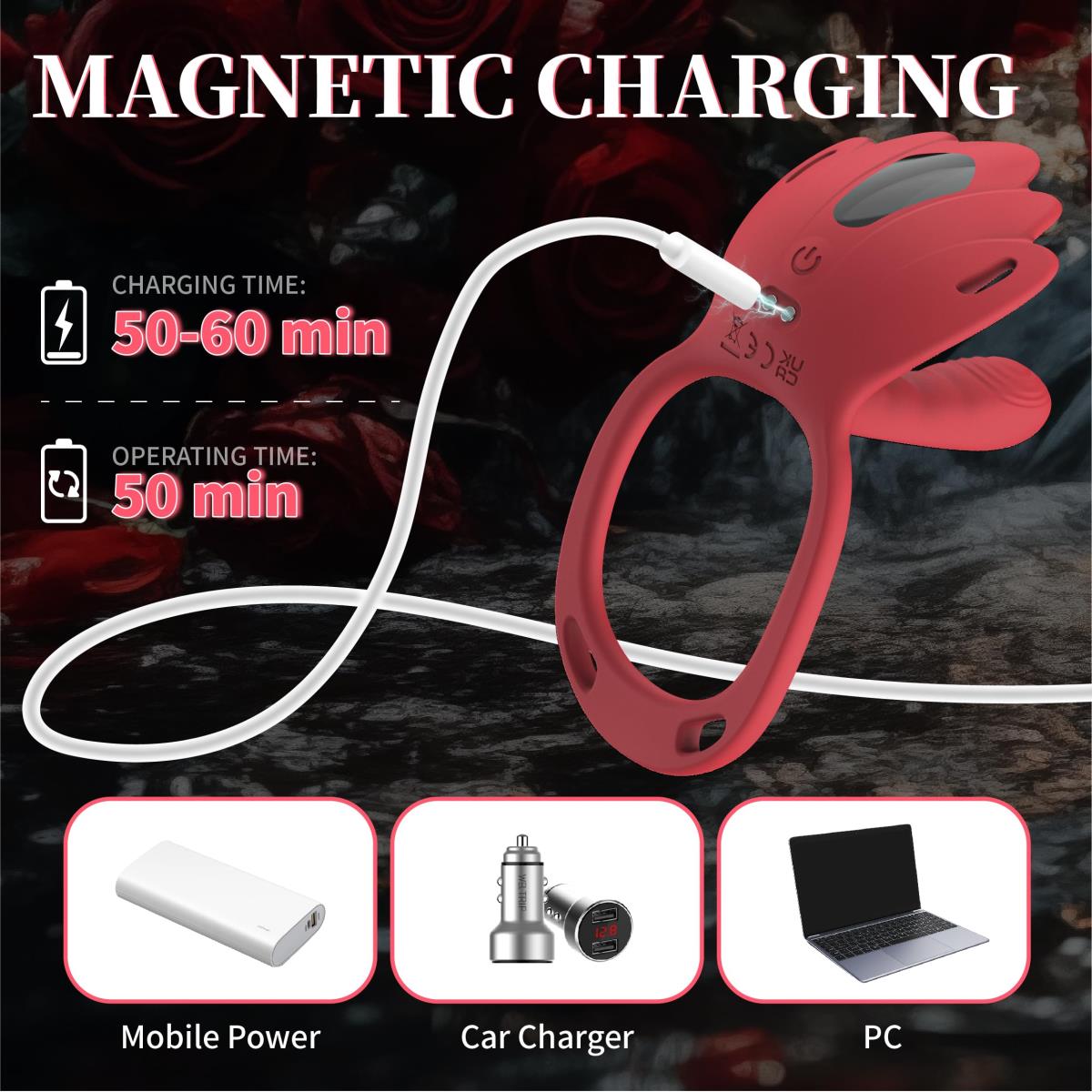 Magnetic charging illustration for red wearable vibrator