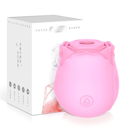Pink rose-shaped toy beside white retail box