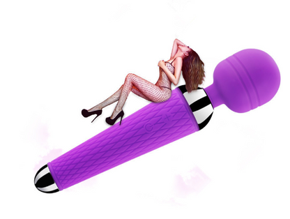 Purple wand massager with size comparison illustration