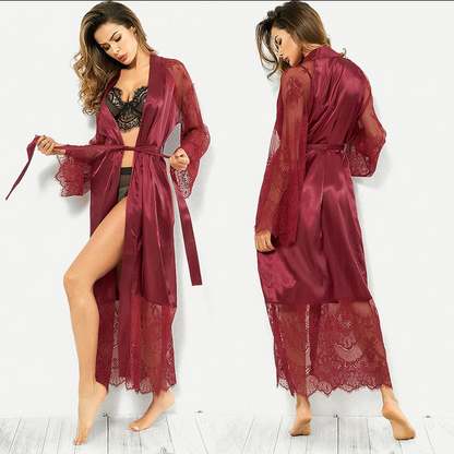 Front and rear views of burgundy lace-trimmed robe