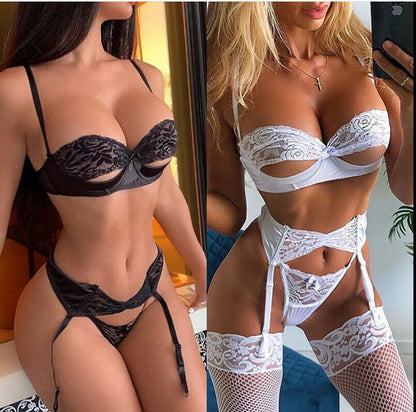 Black and white lace lingerie shown side by side