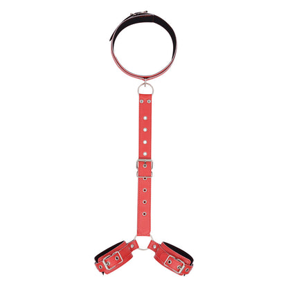 Red collar linked to wrist cuffs