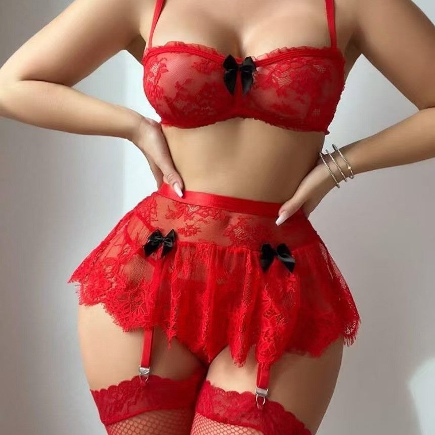 Red lace bra and skirted garter set