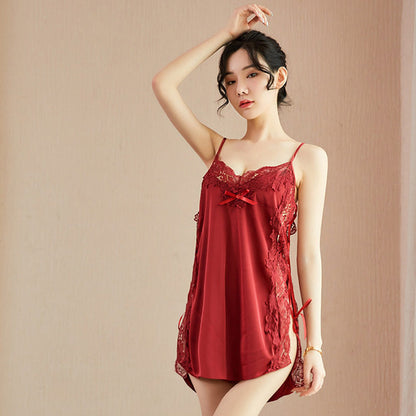 Front view of red lace-trimmed slip