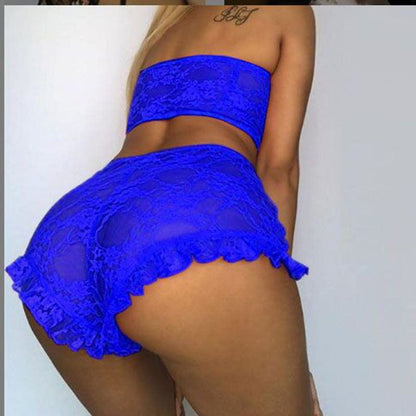 Rear view of blue lace bandeau and shorts set