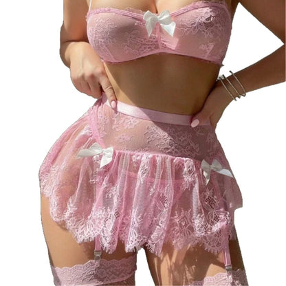 Close-up of pink lace skirt and bow details