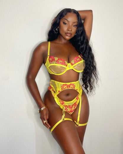 Yellow embroidered bra, garter belt and panty set