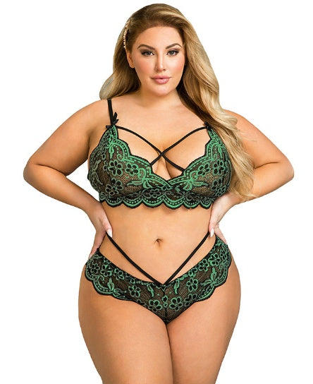 Green lace bra and panty set with crossed neckline