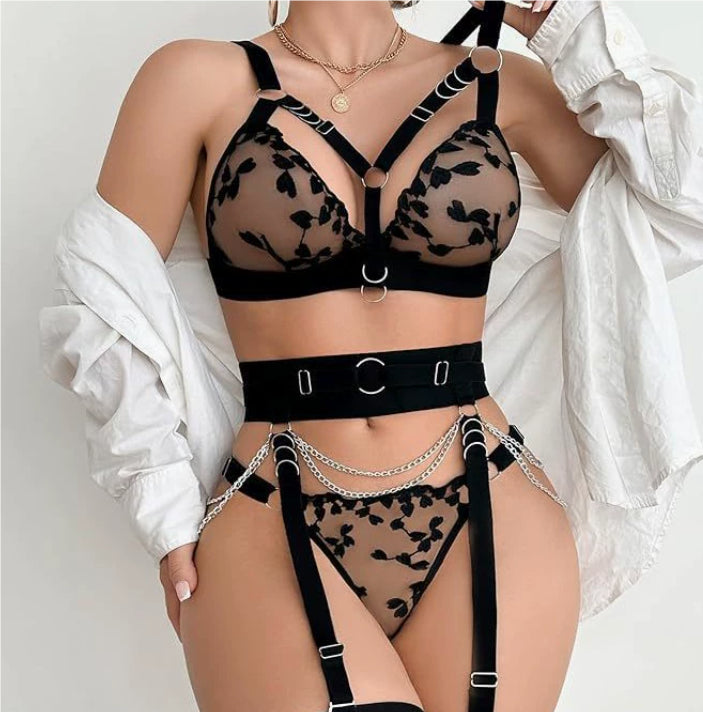 Black embroidered harness lingerie with chain details