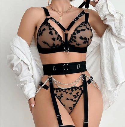 Black embroidered harness lingerie with chain details