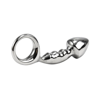 Angled view of curved metal plug with ring handle