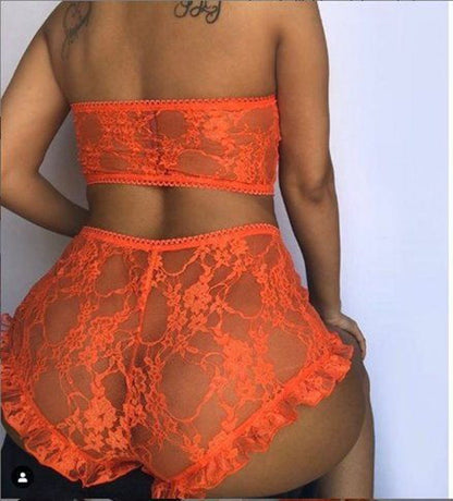 Rear view of orange lace bandeau and shorts set
